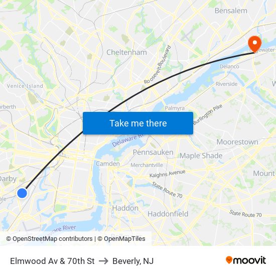 Elmwood Av & 70th St to Beverly, NJ map