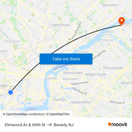 Elmwood Av & 69th St to Beverly, NJ map