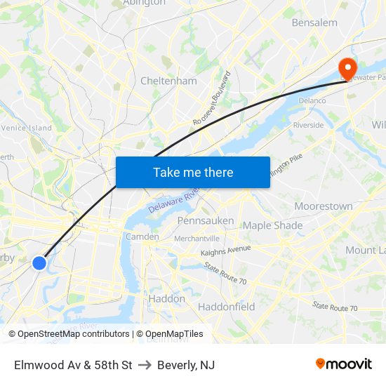 Elmwood Av & 58th St to Beverly, NJ map