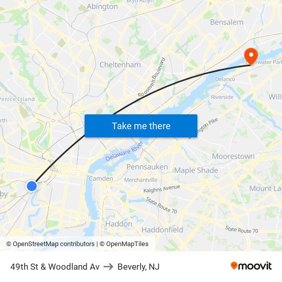 49th St & Woodland Av to Beverly, NJ map