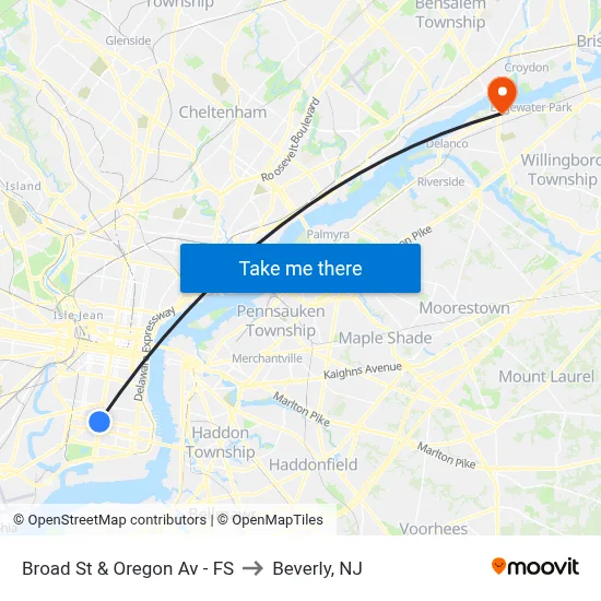 Broad St & Oregon Av - FS to Beverly, NJ map