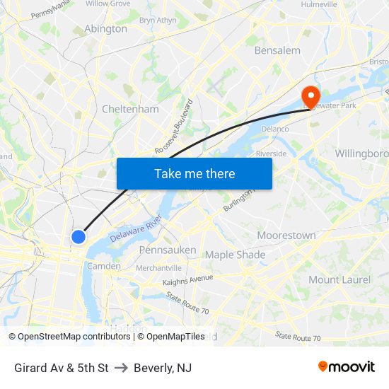 Girard Av & 5th St to Beverly, NJ map
