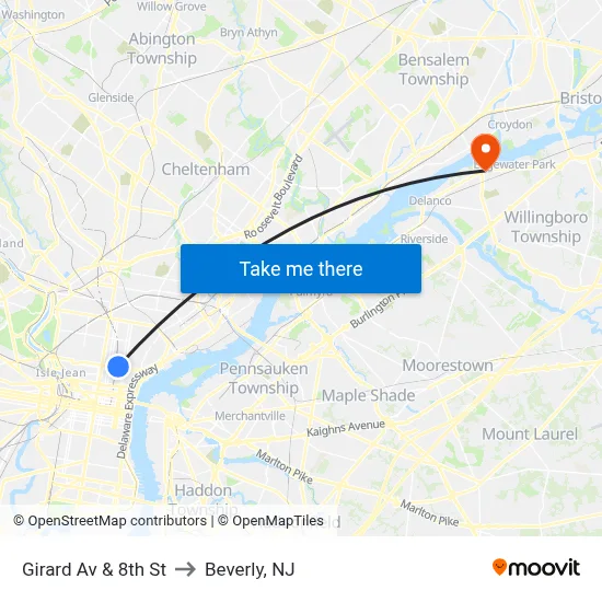 Girard Av & 8th St to Beverly, NJ map
