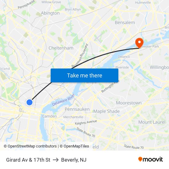 Girard Av & 17th St to Beverly, NJ map