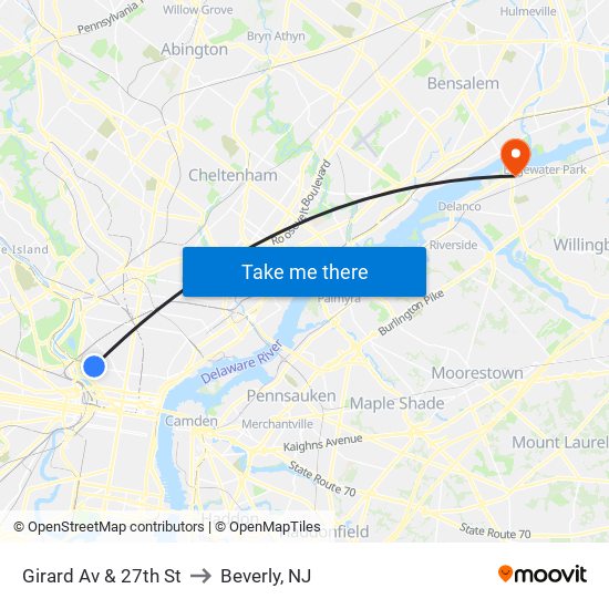 Girard Av & 27th St to Beverly, NJ map