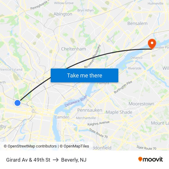 Girard Av & 49th St to Beverly, NJ map