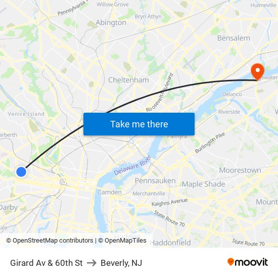 Girard Av & 60th St to Beverly, NJ map