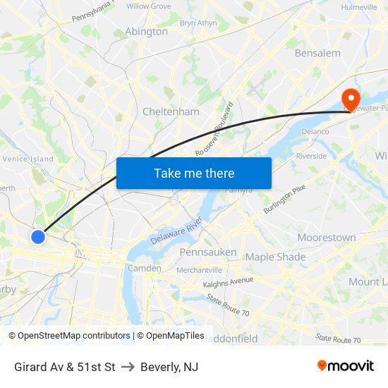 Girard Av & 51st St to Beverly, NJ map
