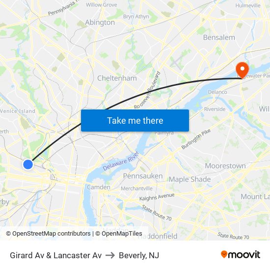 Girard Av & Lancaster Av to Beverly, NJ map