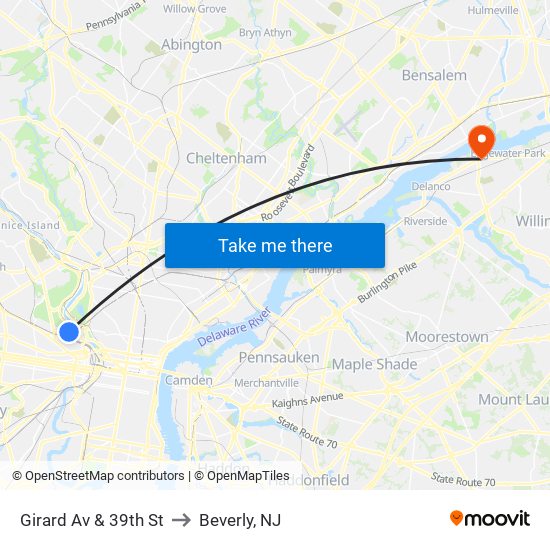 Girard Av & 39th St to Beverly, NJ map