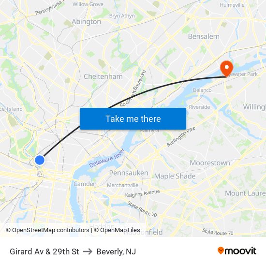 Girard Av & 29th St to Beverly, NJ map