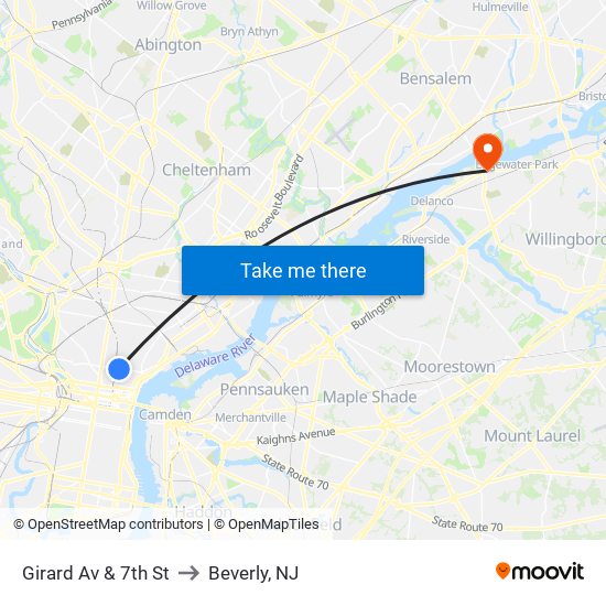 Girard Av & 7th St to Beverly, NJ map