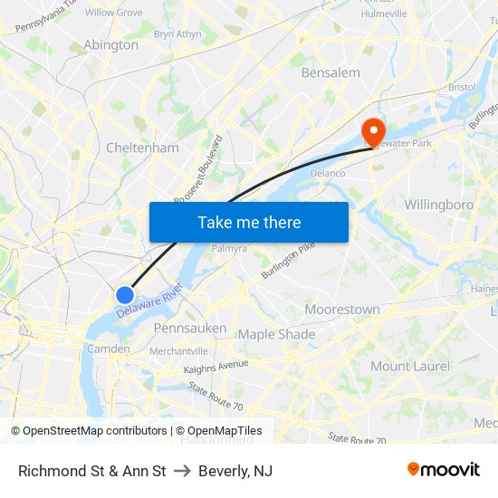 Richmond St & Ann St to Beverly, NJ map