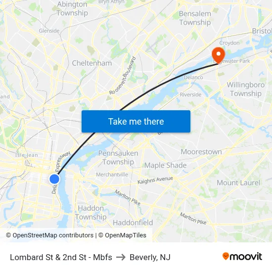 Lombard St & 2nd St - Mbfs to Beverly, NJ map