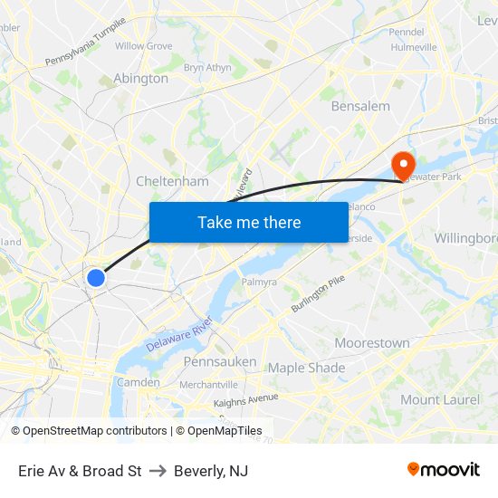 Erie Av & Broad St to Beverly, NJ map