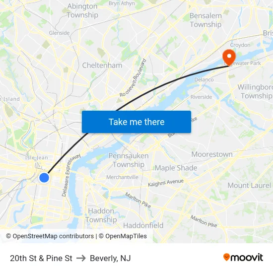 20th St & Pine St to Beverly, NJ map