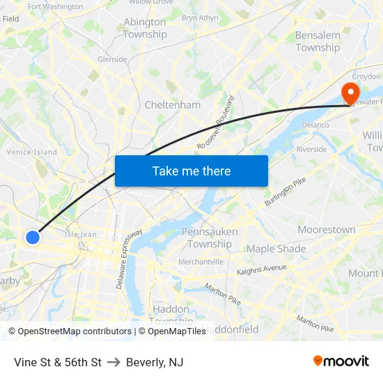 Vine St & 56th St to Beverly, NJ map