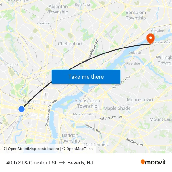 40th St & Chestnut St to Beverly, NJ map