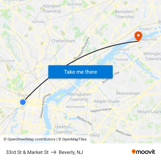 33rd St & Market St to Beverly, NJ map