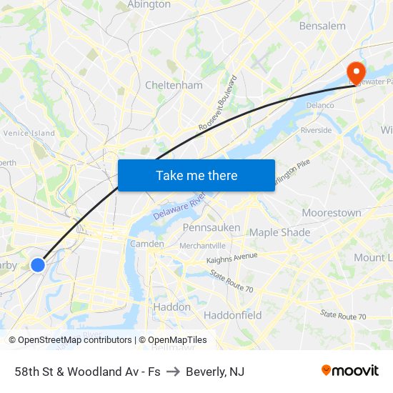 58th St & Woodland Av - Fs to Beverly, NJ map