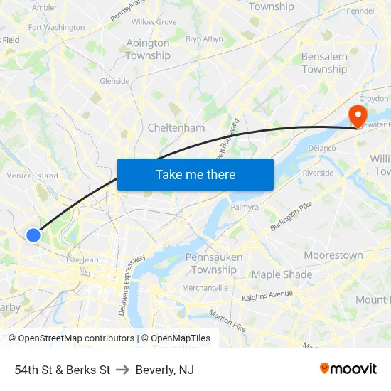 54th St & Berks St to Beverly, NJ map
