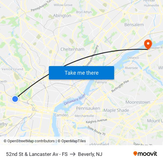 52nd St & Lancaster Av - FS to Beverly, NJ map