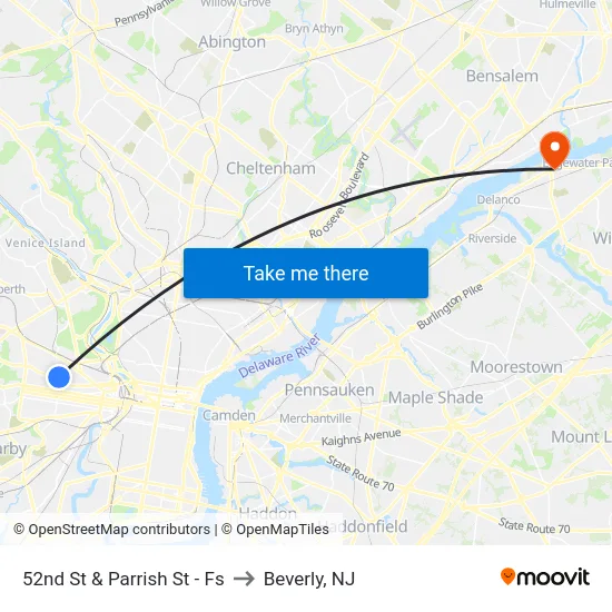 52nd St & Parrish St - Fs to Beverly, NJ map