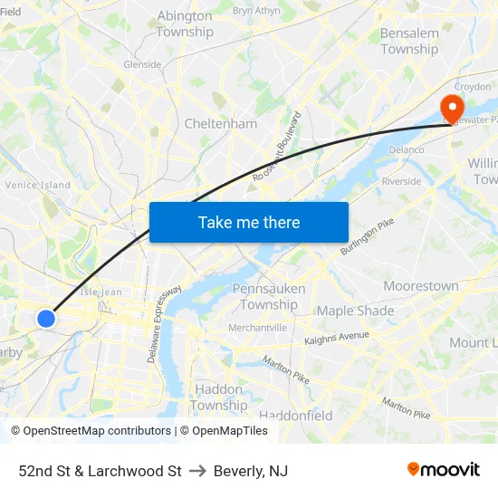 52nd St & Larchwood St to Beverly, NJ map