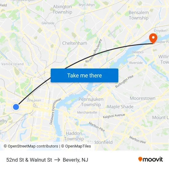 52nd St & Walnut St to Beverly, NJ map