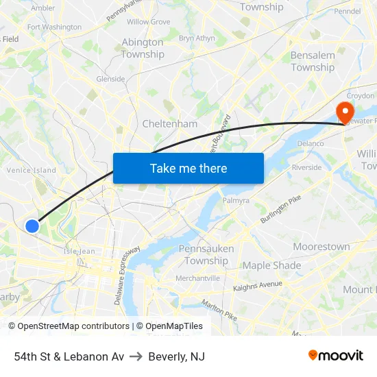 54th St & Lebanon Av to Beverly, NJ map