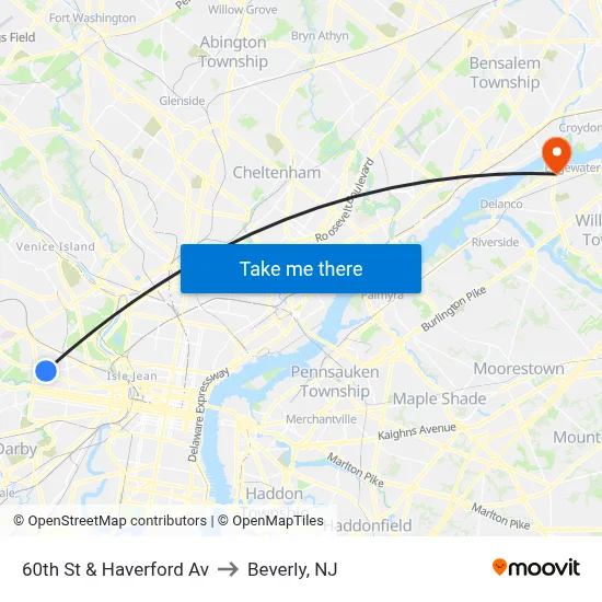 60th St & Haverford Av to Beverly, NJ map