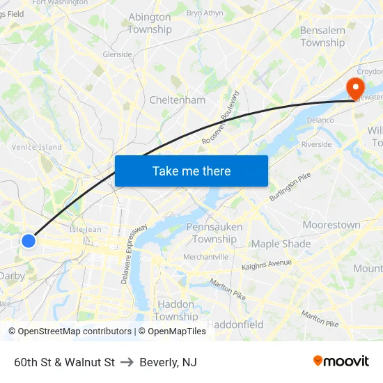 60th St & Walnut St to Beverly, NJ map