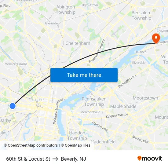 60th St & Locust St to Beverly, NJ map