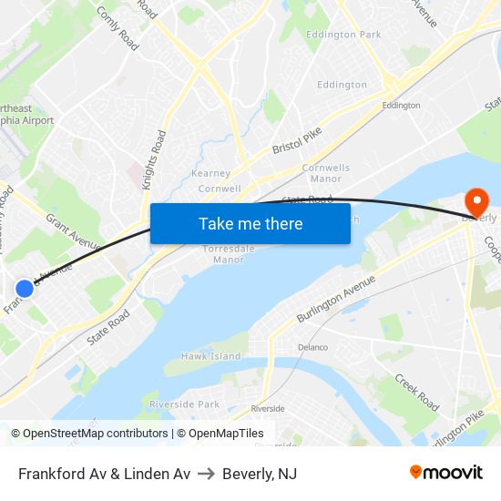 Frankford Av & Linden Av to Beverly, NJ map