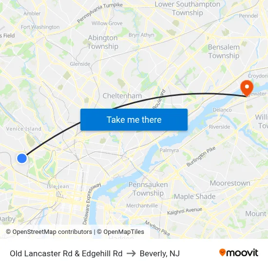 Old Lancaster Rd & Edgehill Rd to Beverly, NJ map