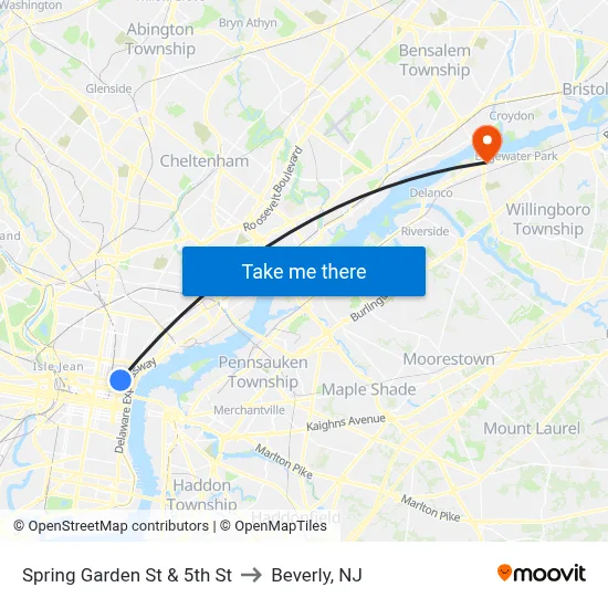 Spring Garden St & 5th St to Beverly, NJ map