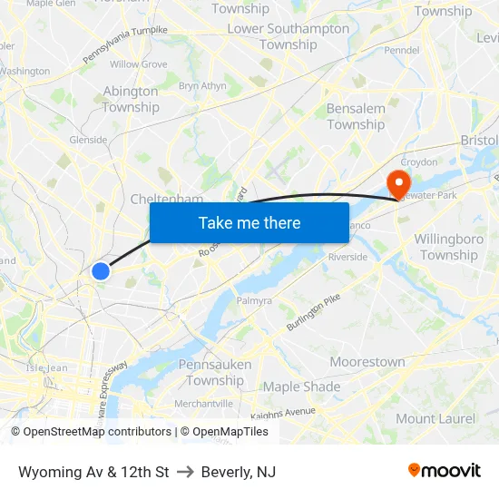 Wyoming Av & 12th St to Beverly, NJ map