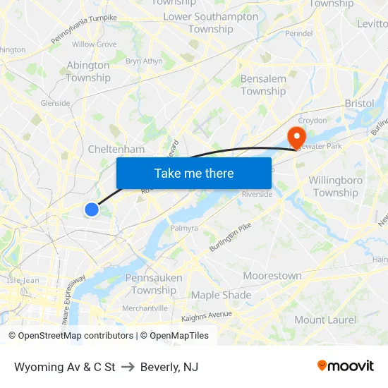 Wyoming Av & C St to Beverly, NJ map