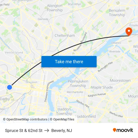 Spruce St & 62nd St to Beverly, NJ map