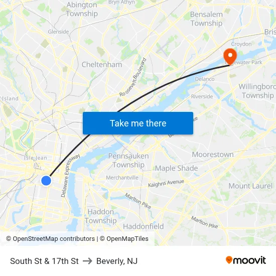 South St & 17th St to Beverly, NJ map
