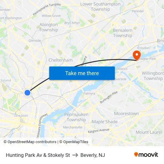 Hunting Park Av & Stokely St to Beverly, NJ map