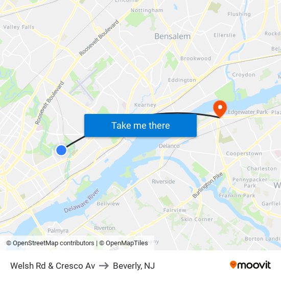 Welsh Rd & Cresco Av to Beverly, NJ map
