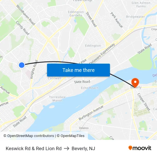 Keswick Rd & Red Lion Rd to Beverly, NJ map