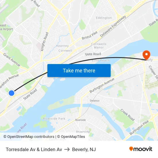 Torresdale Av & Linden Av to Beverly, NJ map