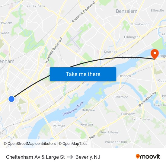 Cheltenham Av & Large St to Beverly, NJ map