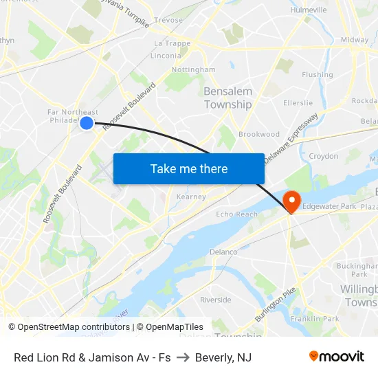 Red Lion Rd & Jamison Av - Fs to Beverly, NJ map