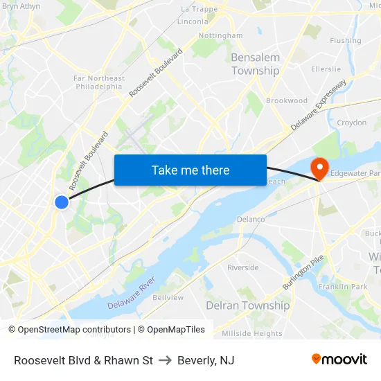 Roosevelt Blvd & Rhawn St to Beverly, NJ map