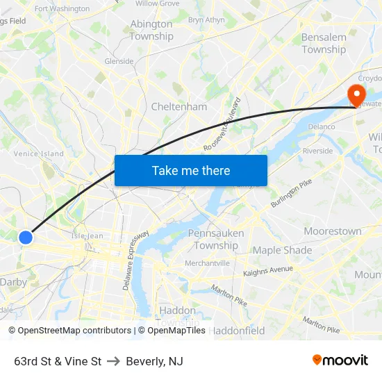 63rd St & Vine St to Beverly, NJ map