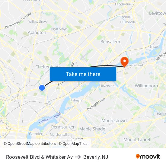 Roosevelt Blvd & Whitaker Av to Beverly, NJ map