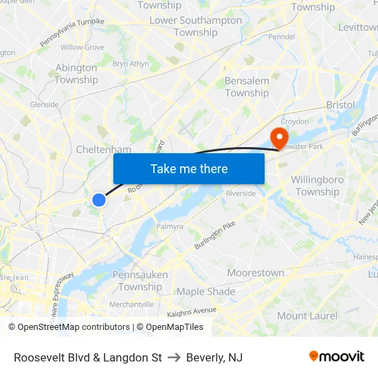 Roosevelt Blvd & Langdon St to Beverly, NJ map